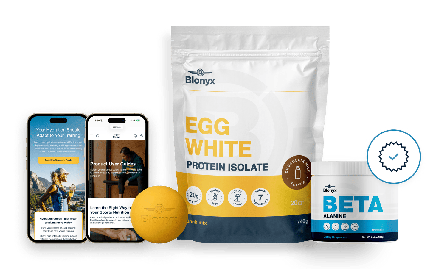 Blonyx Beta Alanine and Egg White Protein Isolate bundle with athlete support resources, including product user guides, training education, recovery tools, and sports nutrition supplements for muscle endurance, recovery, and performance.
