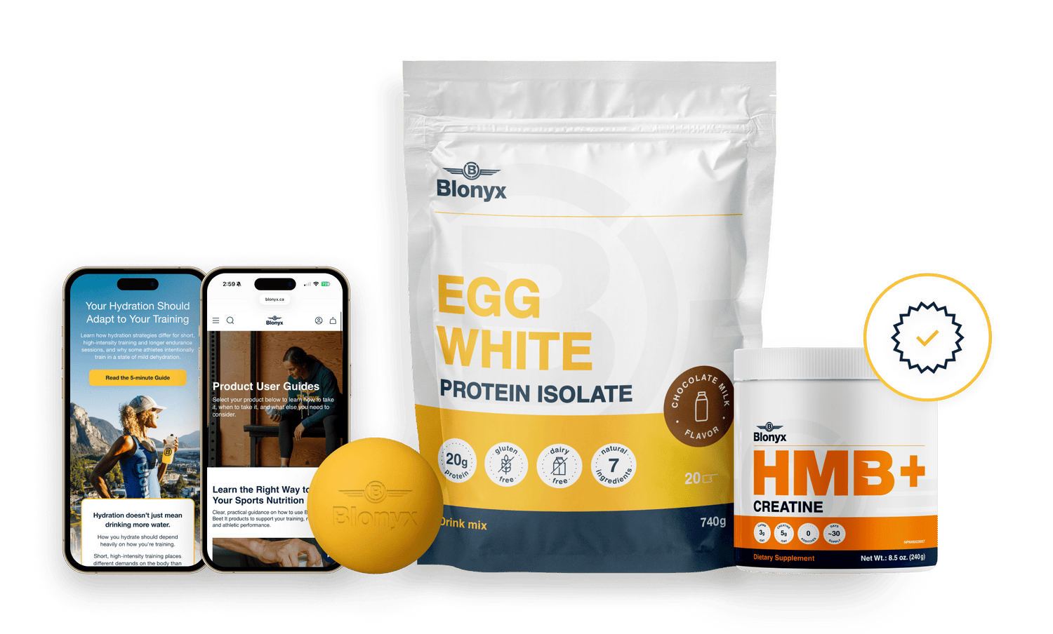 Blonyx egg white protein isolate and HMB+ creatine with smartphone displaying app on a green background