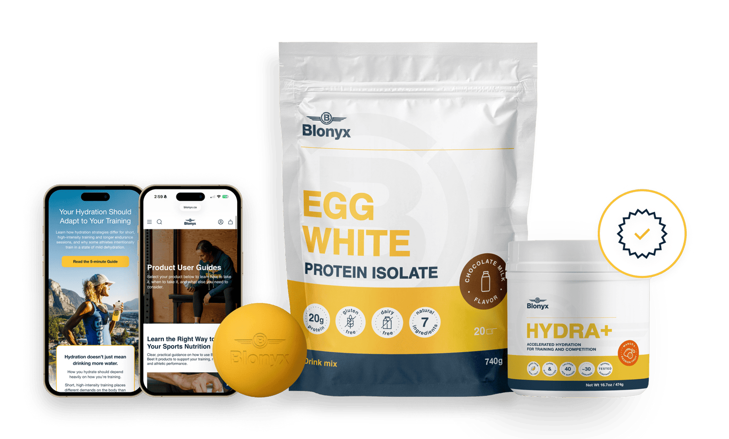A representation of a first order from Blonyx, including sports nutrition, a lacrosse ball, and previews of both product user guides and sports science newsletter.