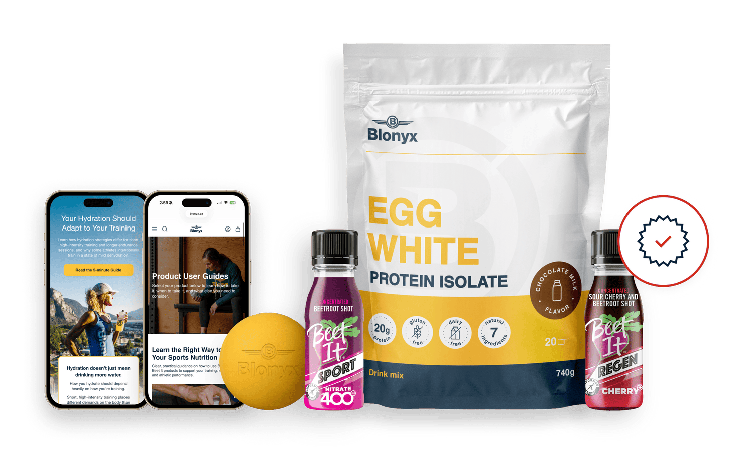 Beet It Regen Cherry+, Blonyx Egg White Protein Isolate, athlete user guides, and recovery tools included with a first order to support training and recovery.